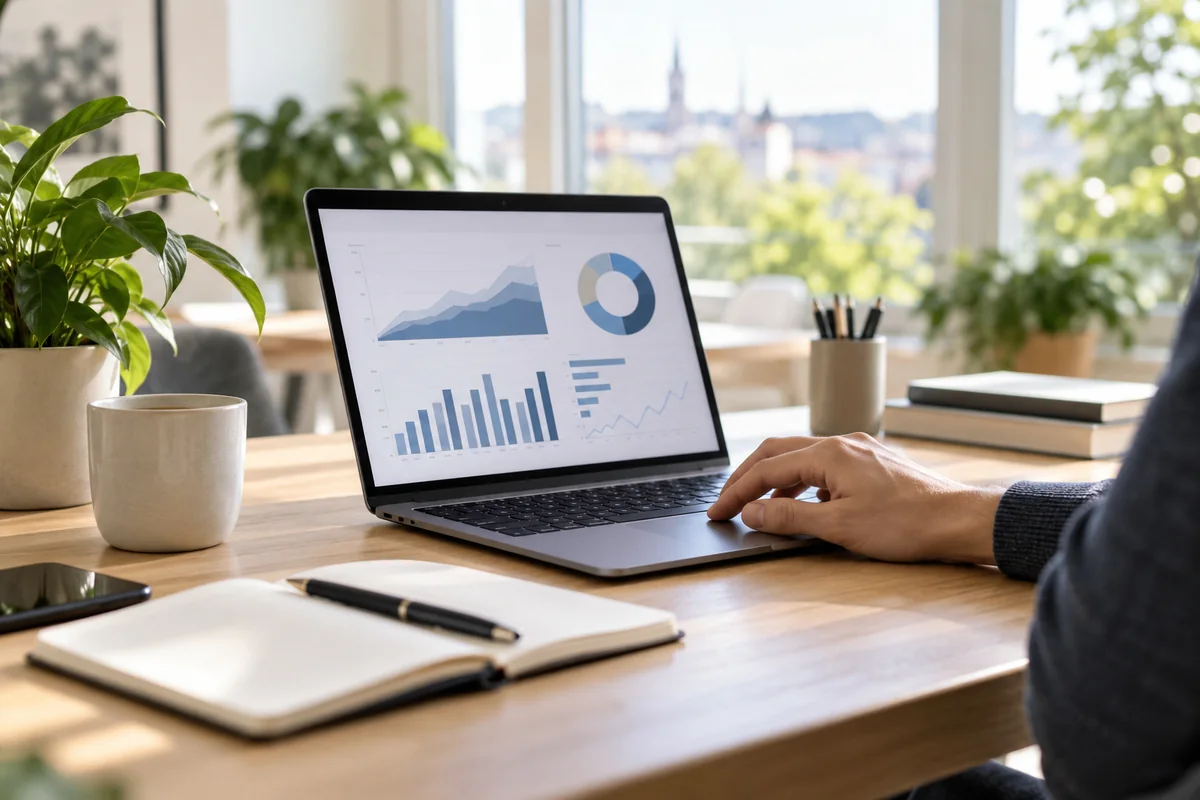 Illustratives Branchenmotiv: heller Arbeitsplatz mit Laptop und Marketinganalysen